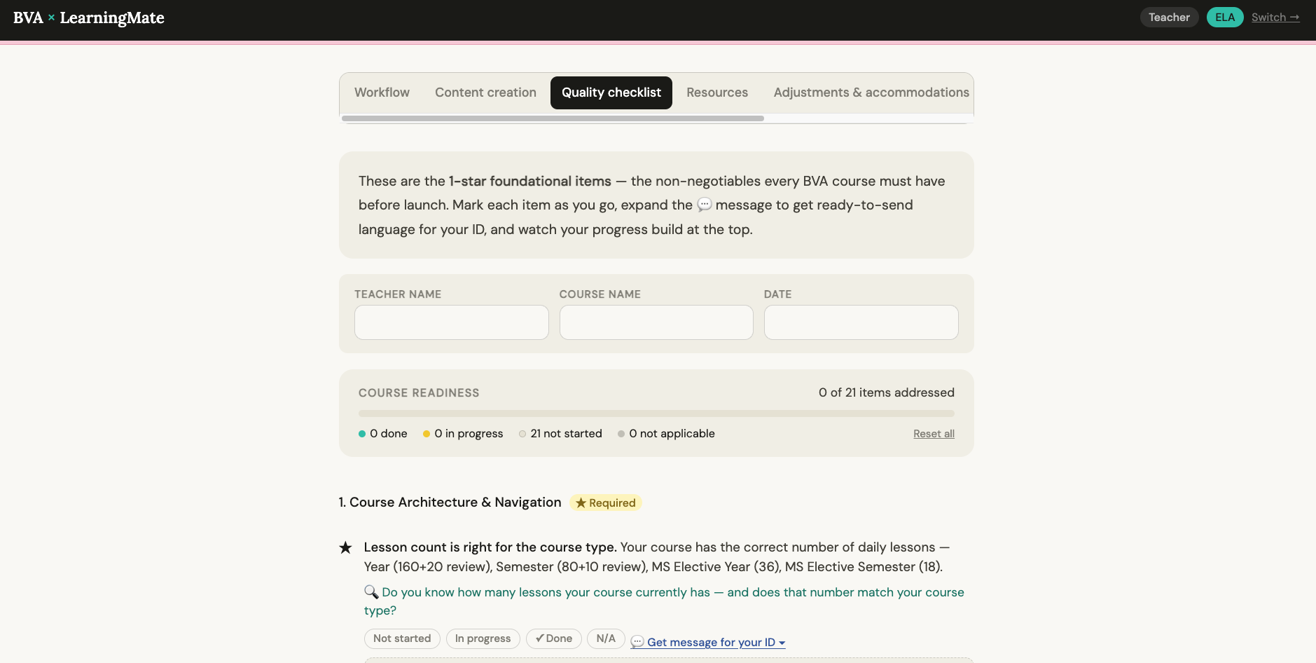 BVA Course Quality Checklist — 21-item course readiness tracker with ID messaging workflow