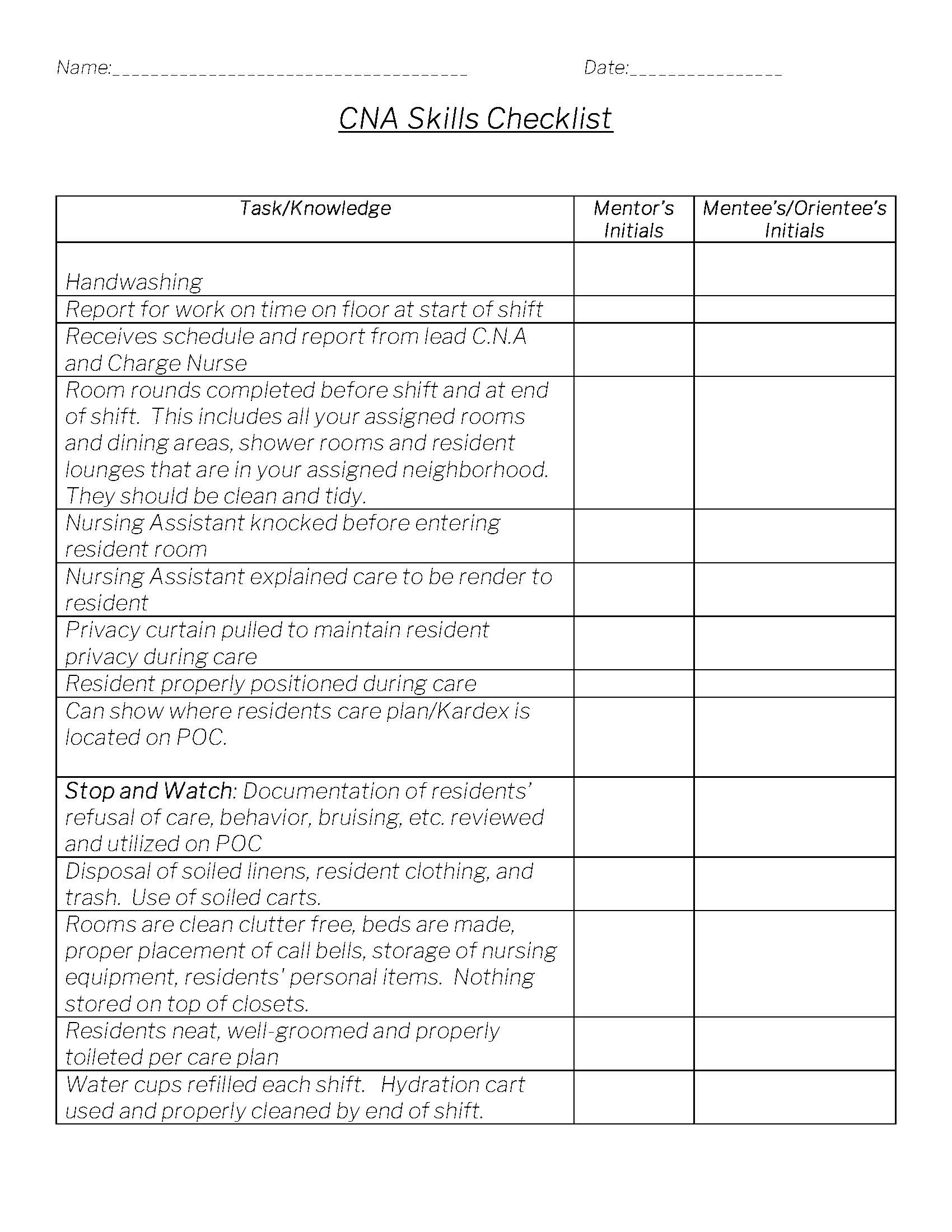 CNA skills competency checklist with mentor and mentee tracking columns